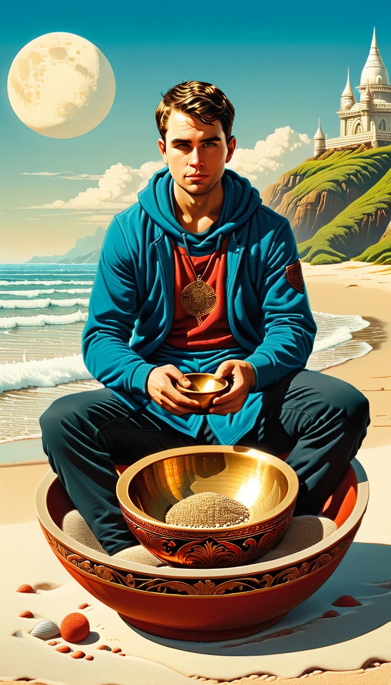 there is a man sitting in a bowl on the beach, stylized digital illustration, dan mcpharlin, dan mcpharlin : : ornate, by Jason Benjamin, stylised illustration, detailed digital illustration, shepard fairey, official artwork, illustration!, poster shot, digital illustration, by Jamie Hewlett