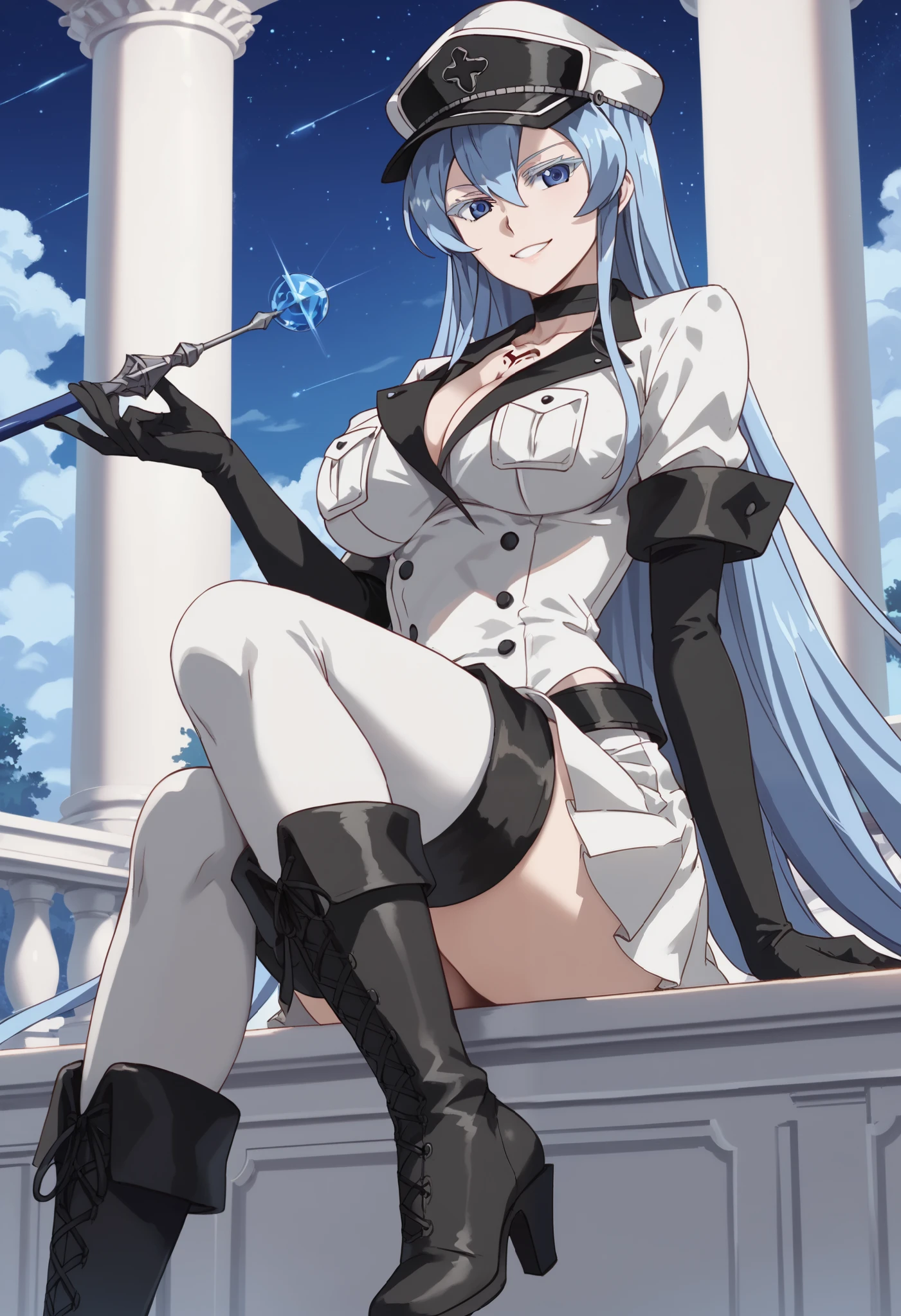 esdeath, blue eyes, blue hair, long hair, BIG BREASTS, eyelashes, red face, masterpiece, shape，white skirt,white crop top,black thigh-high boots, black elbow gloves, evil smile, sitting down ,legs crossed, night sky background, hat