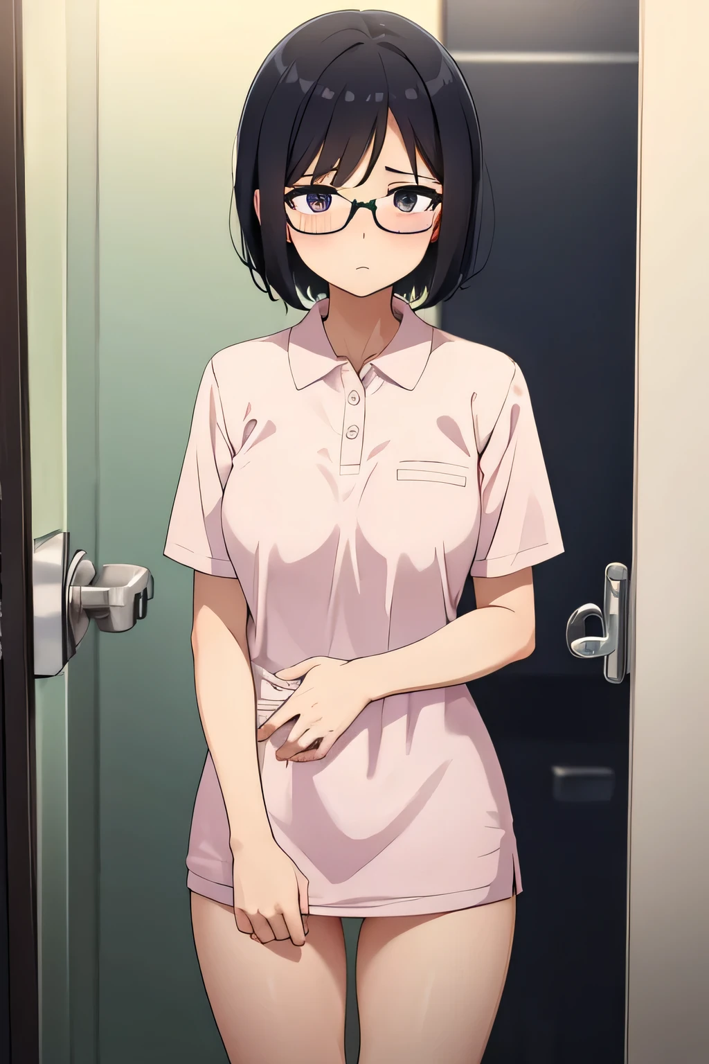 1. woman, Clear Pink Polo Shirt ,   short hair ,  CACP ,   embarrassing , beautiful, Shyness,    black hair  ,   dark eyes, hospital, beautiful, cute,    High Quality  , Short sleeve,   glasses, perfect, no panties, no bra