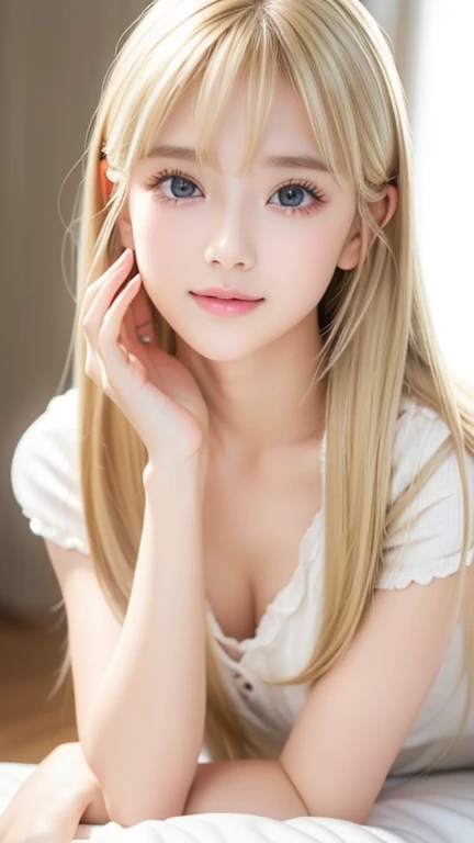 bright look、photorealism、teen, highest quality、Super high resolution、The most beautiful Nordic girls photos、cute and beautiful face details、small face、、big breasts、Slender、15 years old、white bra and panties, Crystal clear white skin、big light blue eyes、long straight hair, 32C breasts, nice smile,