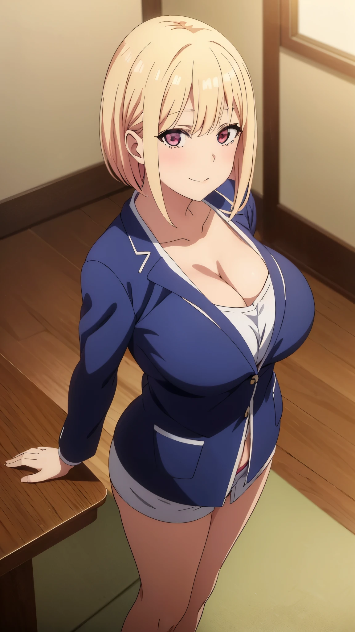 (((masterpiece))),fuyumi itadori, Anime girl characters, 1girl, solo, looking at viewer, medium hair long sleeves, cleavage, bigger breasts, closed mouth, collarbone, jacket, open clothes, open jacket, blue jacket, ground vehicle, sports bra, tall girl, horny, big ass, beautiful face,Charming,  anime visual of a cute girl, screenshot from the anime film, & her expression is solemn, ahegao face, in the anime film, in an anime, anime visual of a young woman, she has a cute expressive face, still from anime, perfect breasts, she is tall, All bodies visible, ahegao face, the face is ahegao, she is horny, A perverted face, she so perverted, she smile so perverted, hd picture, 4k quality, details of the face is so good,bigger breasts, ,change her face and make her face hd and pretty😍, make her face like nakano ichika , she is masturbating, Office worker clothes, Office workers, full body!! , Flirting