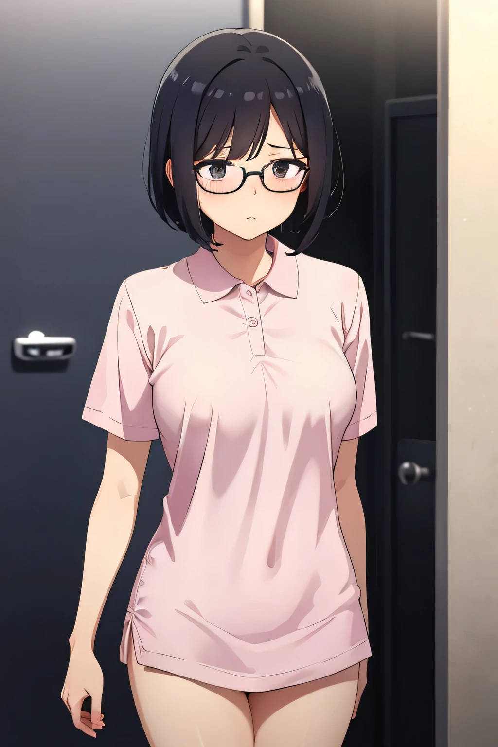 In town,Small breasts that can be rolled up,Black Hair,short hair,Green Eye Glasses,(Pink polo shirt, Short sleeve, naked), (High resolution, high quality:1.1), Intricate details, 1 girl,(blush,Embarrassing)There are a lot of people around