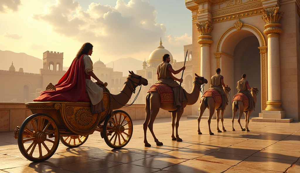 A young skinny white skin handsome handsome shirtless prince in a small Roman carriage with 4 horses in the desert