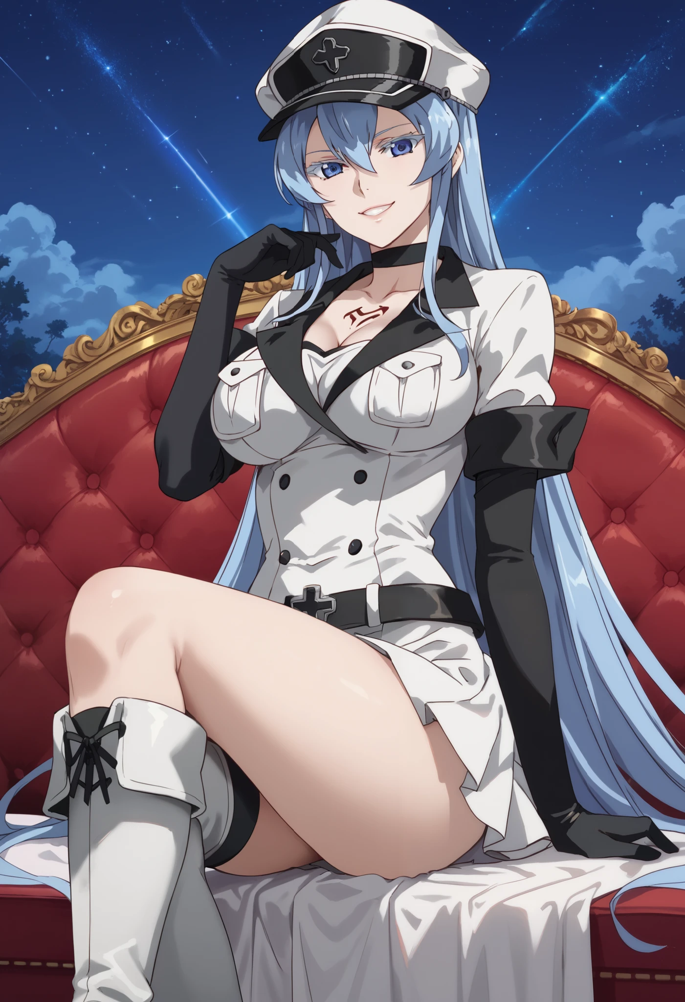 esdeath, blue eyes, blue hair, long hair, BIG BREASTS, eyelashes, red face, masterpiece, shape，white skirt,white crop top,black thigh-high boots, black elbow gloves, evil smile, sitting down ,legs crossed, night sky background, hat