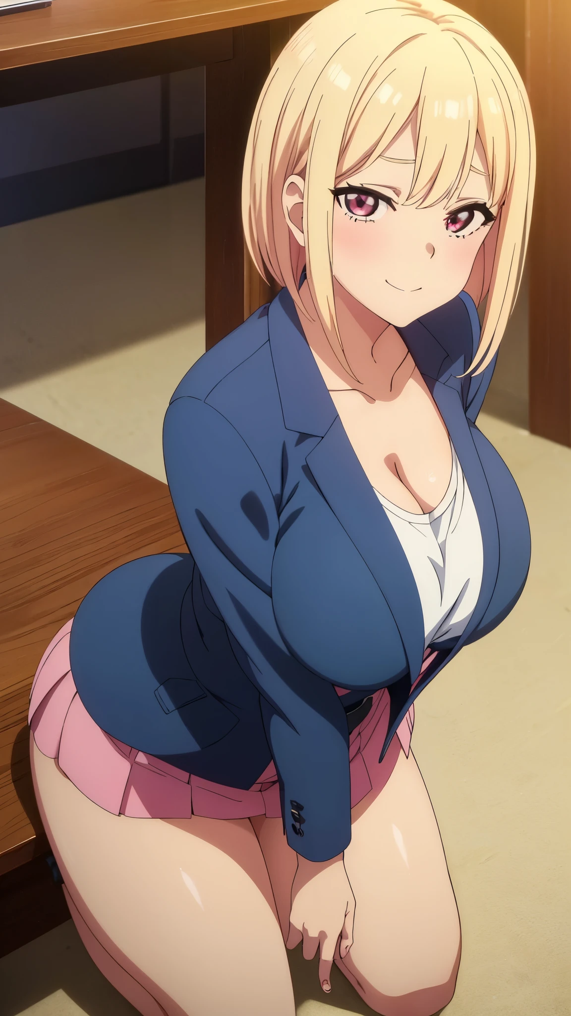 1girl, 1boy, masterpiece, best quality, high resolution, cute eyes, beautiful detailed eyes, pleated skirt, socks, show off panties, show off ass, look down, closeup, gigantic breasts, thick thighs, plump, huge ass, gigantic ass, huge hips, gigantic hips,wide hips, smug smile, smile, looking at viewer, from behind, from below, looking down, white panties, BBW, venusbody, sitting, (sitting on face), facesitting, fog, sweat