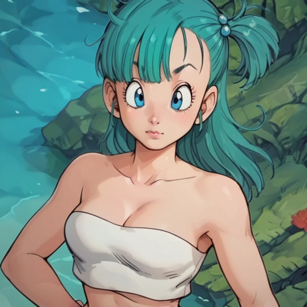 source_anime, 1 woman, Bulma, long hair, breasts,  by the water, belly button,   bare shoulders, earrings, bracelet, Lips,   crop top, hand on hip, strapless,,  showing her armpits, raising arms to the sides, chubby