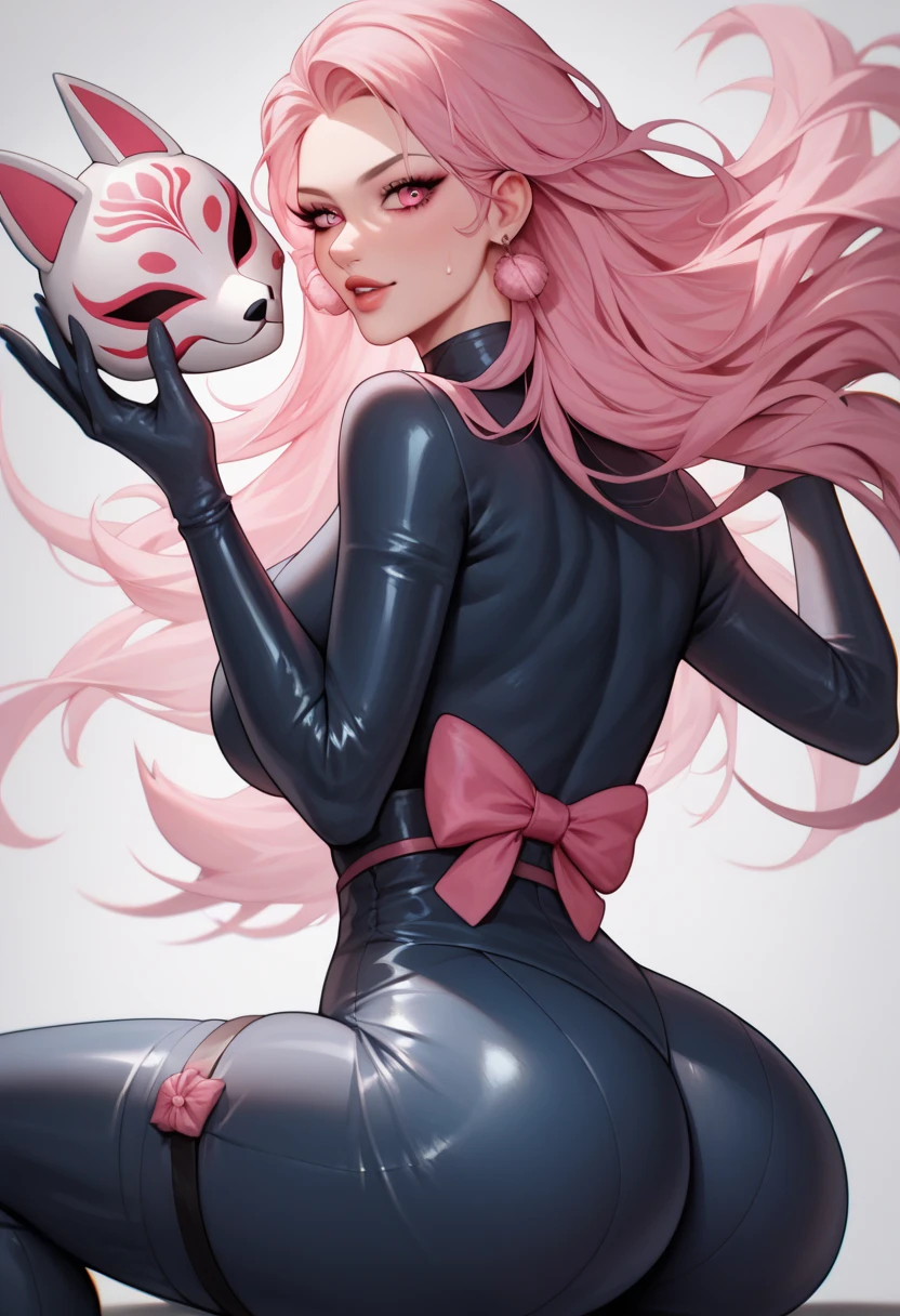 ( masterpiece , ,  ultra high resolution), 1 girl, Hata no kokoro, fox mask,  Pink hair, long hair,  pink eyes ,  head mask, ( dark blue latex suit ),  The clothes fit perfectly , pink bow tie, latex has an intense metallic sheen, glow,  round,  Viscous whole body , sweat, loaded, steamy, glow,  round,  pretty face , Anime Face,  Illuminate from the background ,  Big Butt, ass, from behind, focus on assBig ass milf big boobs Milf Thicc hot 🔞🔞🔞🔞🔞🔞🔥🔥🔥🥛🥛🇯🇵🇯🇵👌🏻👌🏻👌🏻💕💕💕💕🚺🚺🚺😘👌🏻