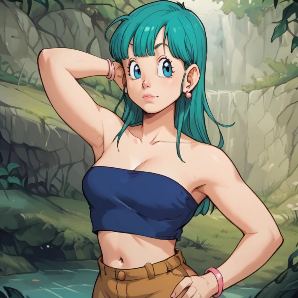 High Definition, 8K, cara detallada, agarrando su pecho, mostrando su pecho, Bulma de dragonball z, ojos azules profundos, (pechos grandes)), delgado y delgado, body of equal proportion in his chest)), Vista frontal, 2 mangos de pelo, Hermosa sonrisa, sonriendo al espectador, mejillas sonrojadas, desnudo desnudo