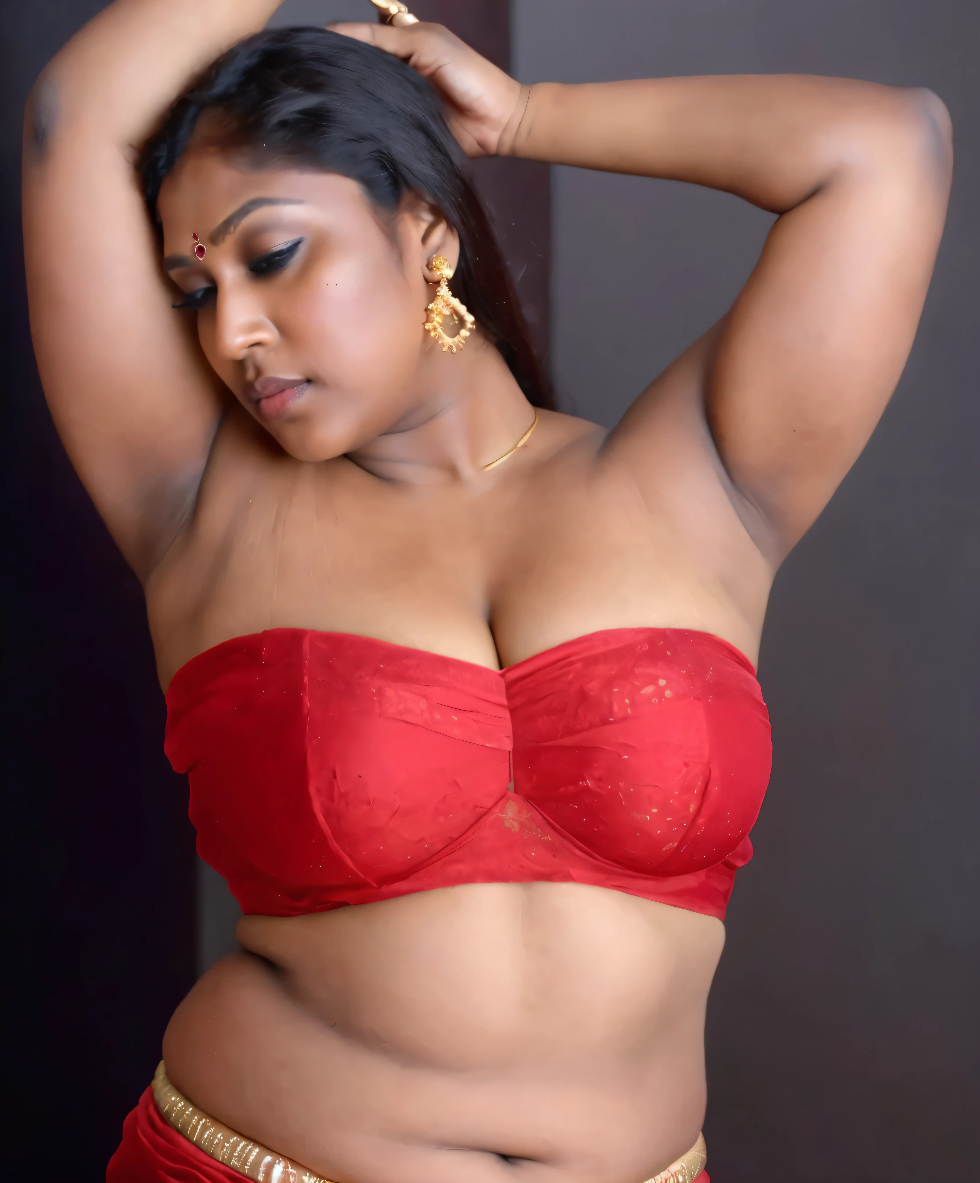 Looks like Indian Actress Nayanthara, actress Nayanthara, mallu, mallu aunty, desi aunty, full figured mature beauty, attractive figure, 48 years old, desi milf, desi aunty, a close up of a woman in a red dress in a bedroom, inspired by Avigdor Arikha, sleek!!!, indian super model, wavy hair combed to one side, actress, by Jitish Kallat, smoldering, intense smoldering, fashion, an angel, print ready, with a dramatic looking, inspired by Sudip Roy, seductive look