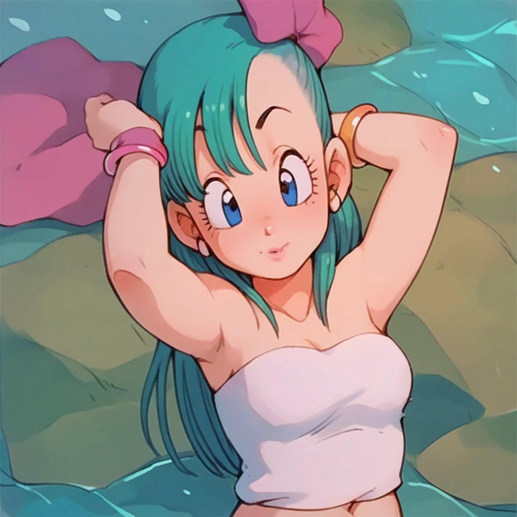 , 1 woman, Bulma, long hair, breasts,  by the water, belly button,   bare shoulders, earrings, bracelet, Lips,   crop top, strapless,,  showing her armpits,  raising her arms , chubby