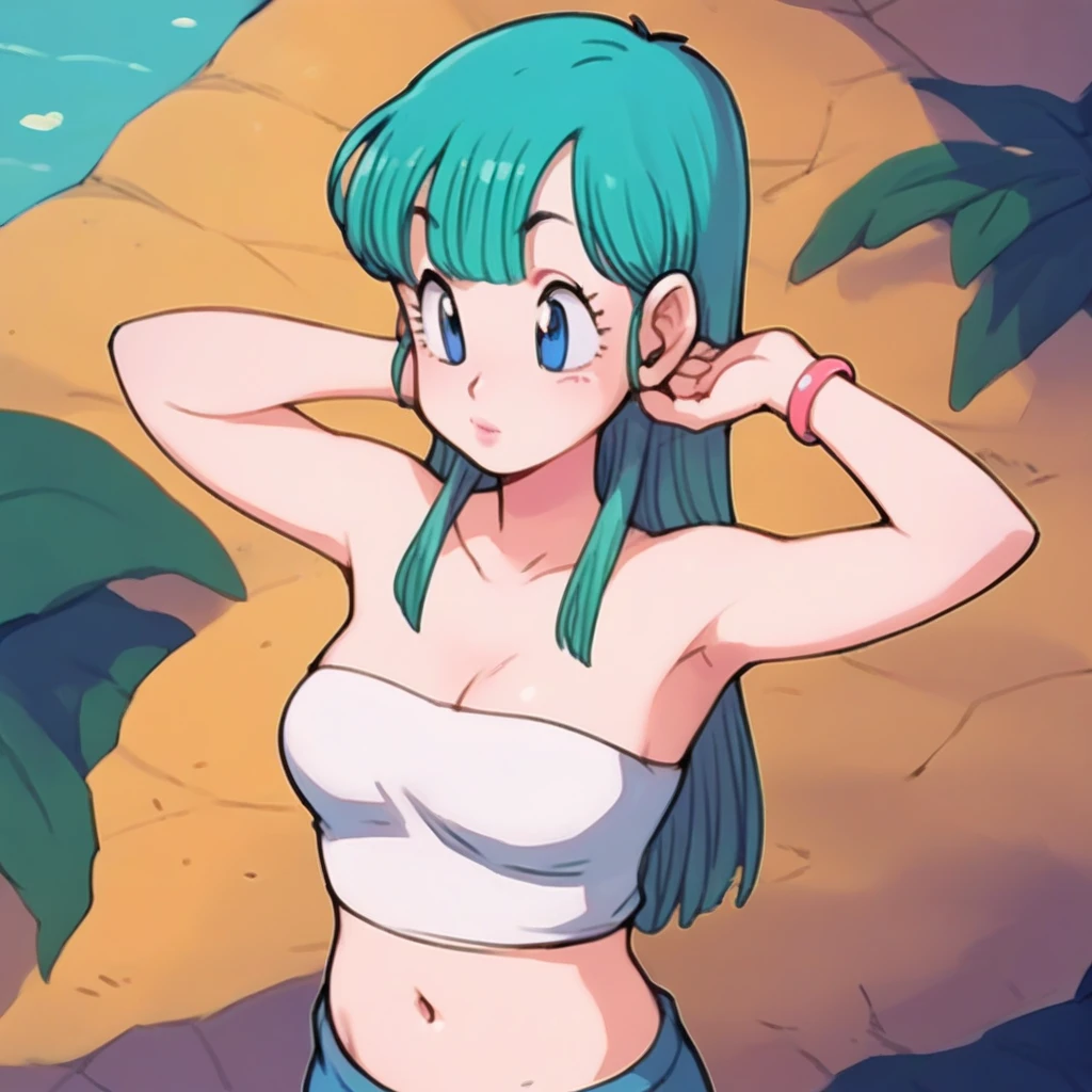 , 1 woman, Bulma, long hair, breasts,  by the water, belly button,   bare shoulders, earrings, bracelet, Lips,   crop top, strapless,,  showing her armpits,  raising her arms , chubby