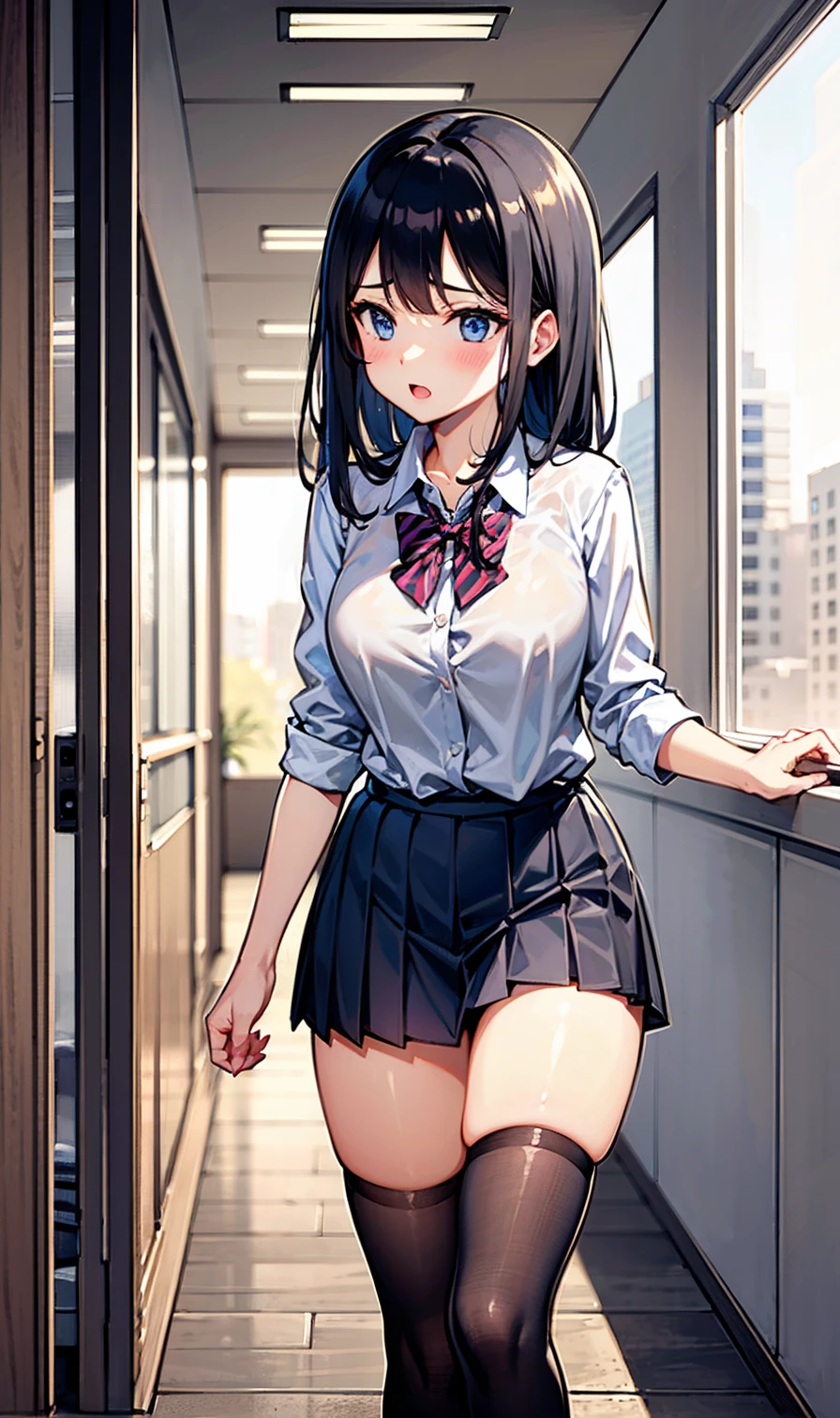((Grabbing a dildo inserted in her pussy)), Pleated skirt, My Room, (Angry face, blush, Sweat), standing, navy long hair, Big Breasts, pussy Juice:1.5,