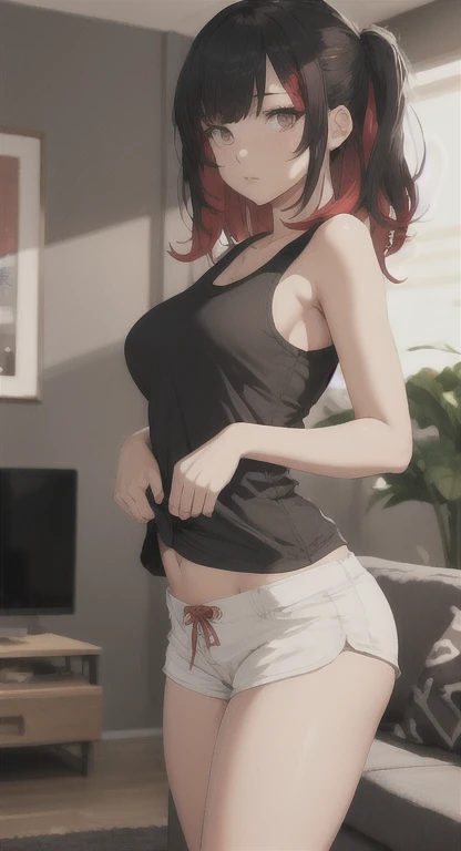 white t-shirt, long pants, absurdres, RAW photo, extremely delicate and beautiful, masterpiece, Best Quality, ultra high resolution, 32k, hyperrealistic, ultra-detailed, detailed description, pale skin, 20 years old, tearful mole, earring, short medium hair, wavy hair, whole body shot, legs, Redhead, Red eyes,