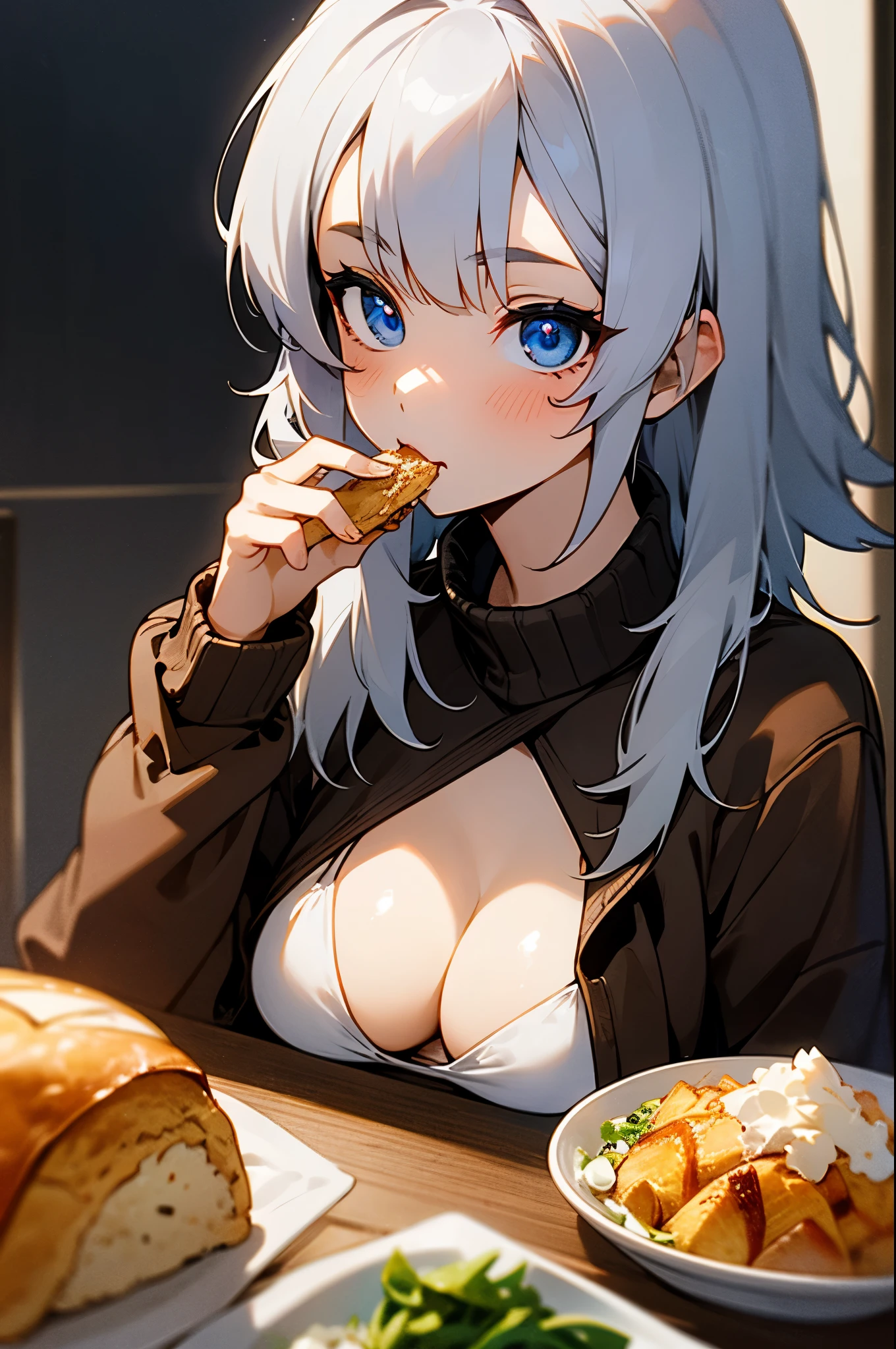 One girl j 、Silver Hair、 blue eyes、 eating katsudon at the table 、 is holding chopsticks 、 wearing a leather jumper over a white bikini