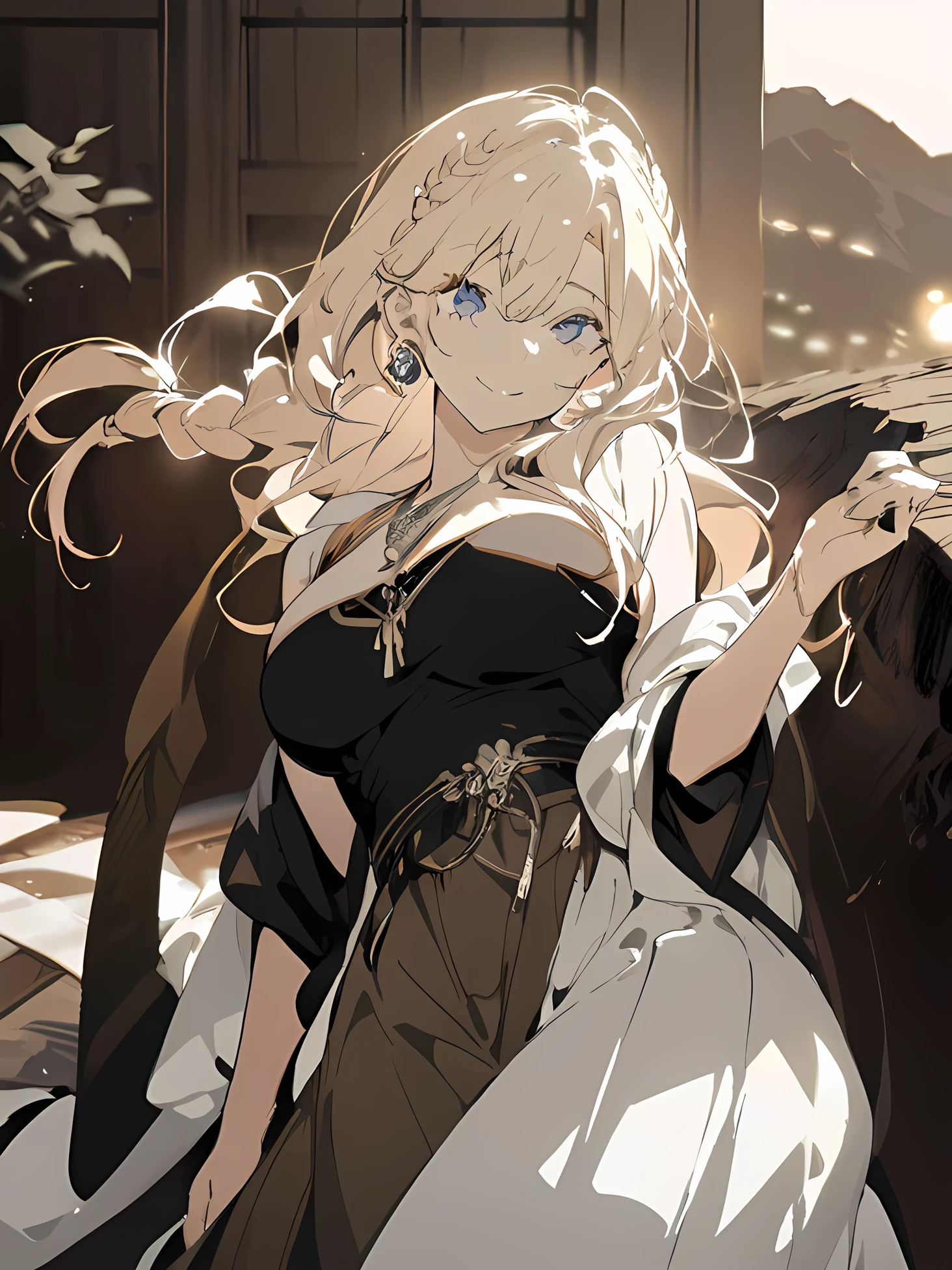 a smiling girl, masterpiece, highest quality, official art, flat color, looking at the viewer, 1 girl, alone, white background, 2D, Fishbone Braid Hair, braid ,(busty)