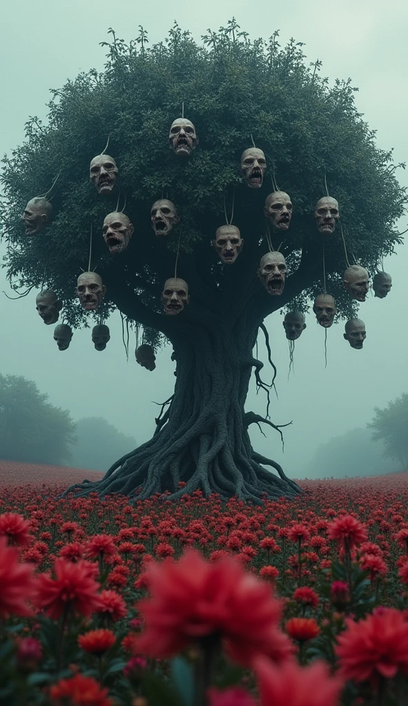 Different terrified screaming human heads growing from an apple tree in the countryside at night, blood, gore