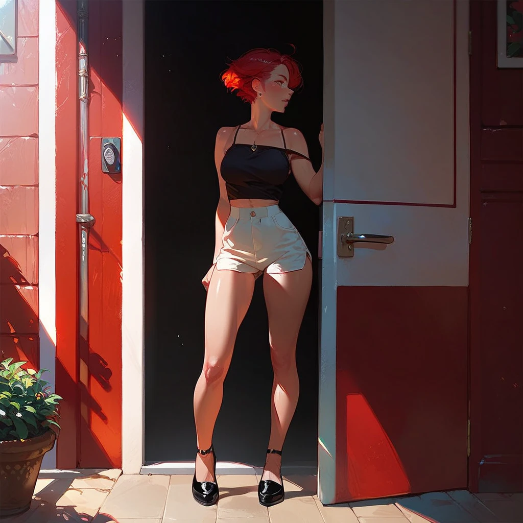 shadow of a voluptueous female short hair, standing in the between-door,  in the dark, red light behind her
