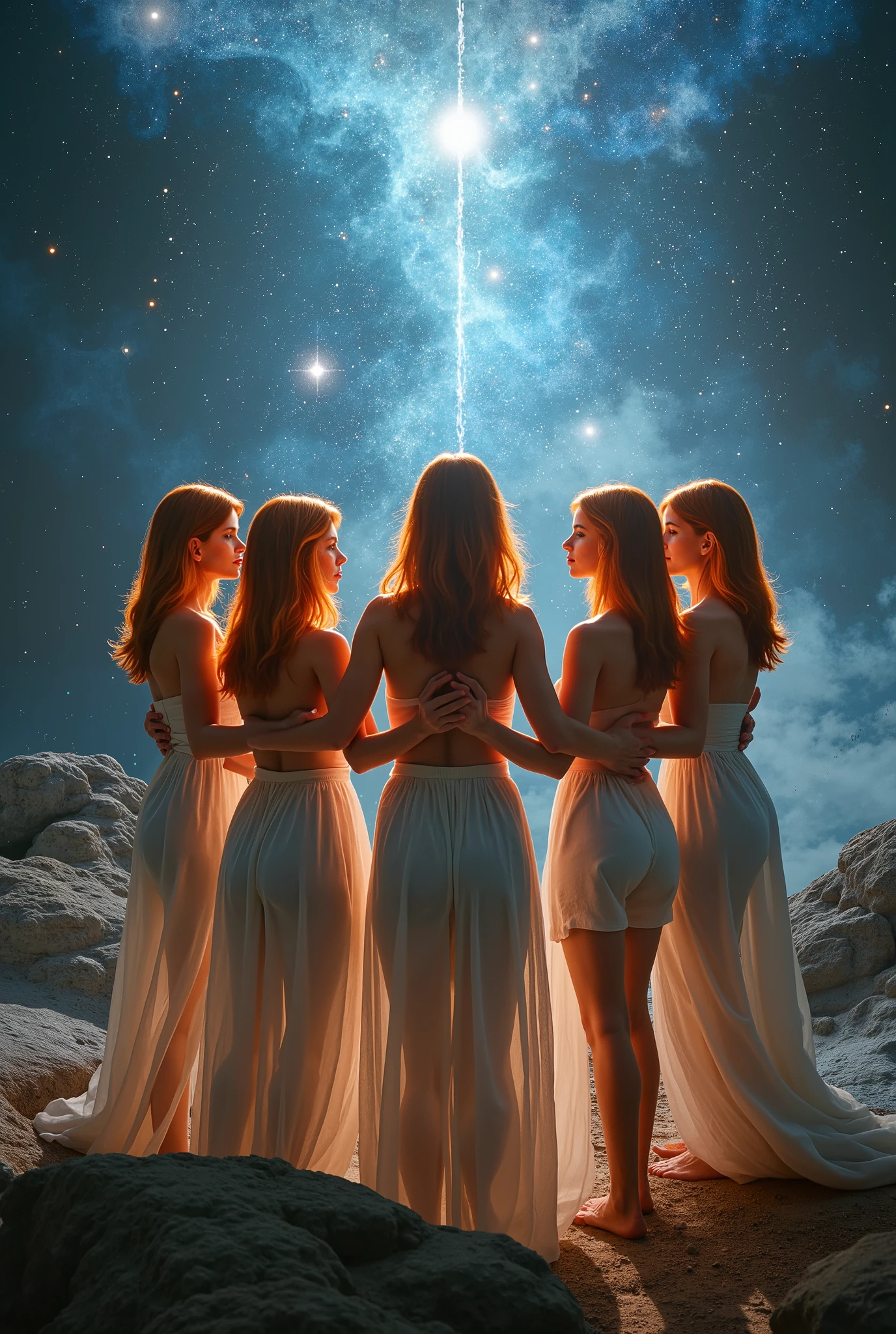 background of an illustration of a group of young, naked women, blondes, brunettes, black and redheads, in the futuristic forest with a cosmic night sky.