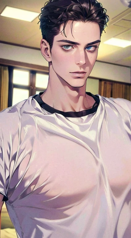 1boy, adult, handsome, perfect face, detailed eyes and face, clean shaved, sixpack, dynamic lighting, unreal engine 5, hd picture, satoru gojo, white hair, clean armpits without hair ,short hair, blue eyes, white skin, bed mattress details, basketball jersey, white eyelashes