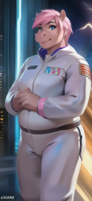 By bebebebebe, by lostgoose, by goonie-san, solo, female, bovine, cow, hair, medium hair, wavy hair, horns, smiling, big breasts, curvy, thicc, hands behind back, happy, looking at viewer, slightly chubby, detailed spacesuit, spaceship, space, window