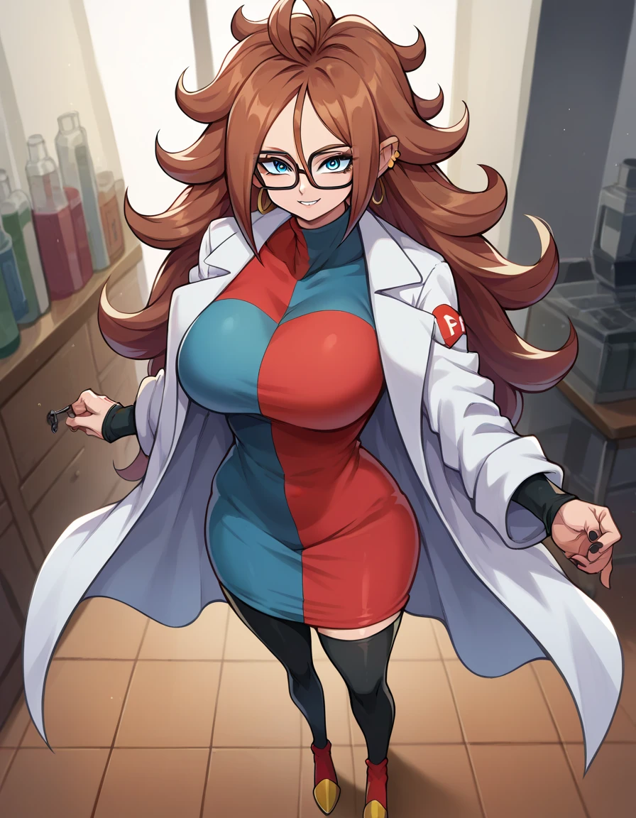 android21, android 21, blue eyes, brown hair, glasses, long hair, very long hair, black-framed eyewear, smile,
black sleeves, checkered clothes, checkered dress, detached sleeves, dress, lab coat, turtleneck,
indoors, Black stockings
looking at viewer, full body, Big breasts, thick legs, wide hips, 