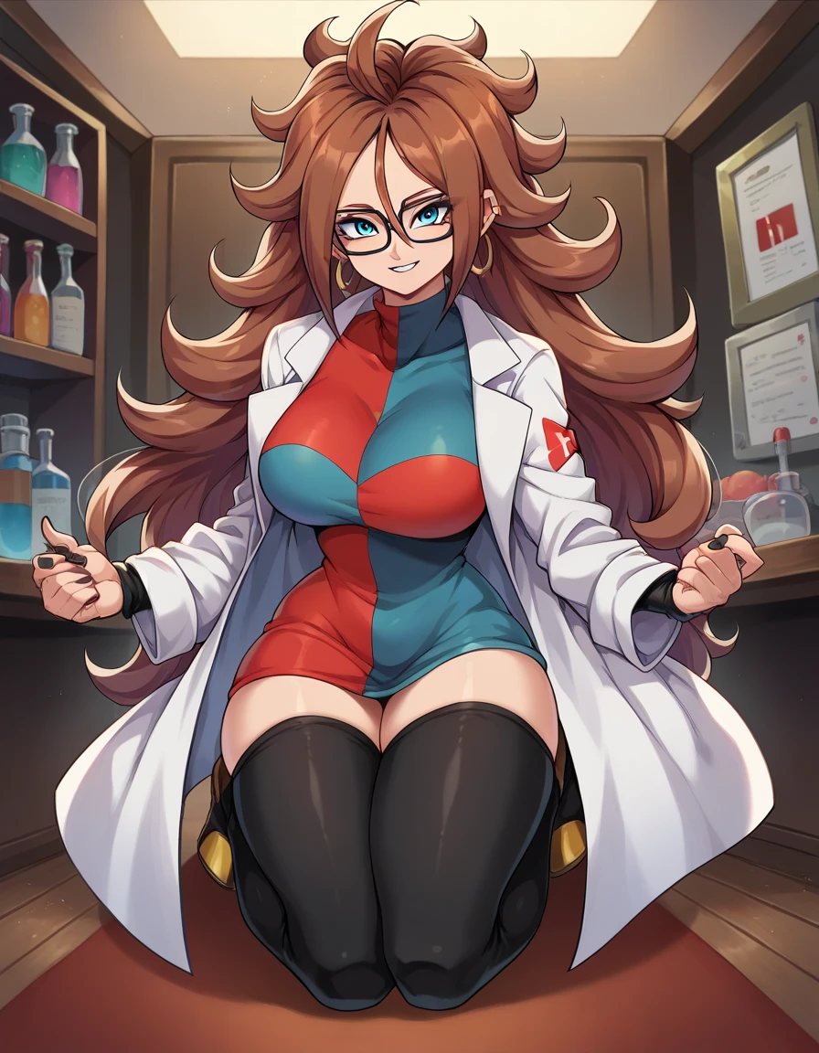 android21, android 21, blue eyes, brown hair, glasses, long hair, very long hair, black-framed eyewear, smile,
black sleeves, checkered clothes, checkered dress, detached sleeves, dress, lab coat, turtleneck,
indoors, Black stockings
looking at viewer, full body, Big breasts, thick legs, wide hips, 