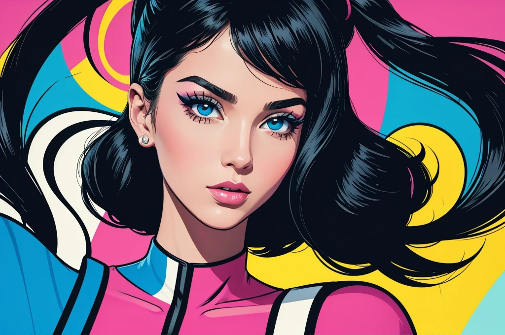 pixel style,vaporwave style,vaporwave aesthetics,1Beauty with long wavy black hair,makeup,red lipstick,Eyes look upwards,from the front,above shoulder,hazy street background