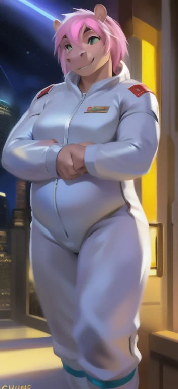 By bebebebebe, by lostgoose, by goonie-san, solo, female, bovine, cow, hair, medium hair, wavy hair, horns, smiling, big breasts, curvy, thicc, hands behind back, happy, looking at viewer, slightly chubby, detailed spacesuit, spaceship, space, window