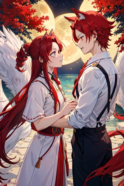 Kirishima, in.a., 1 , enfoqine mascinlino,  red hair, Ojos rojos, Alone, sharp teeth, cabello en pinnta, ,  looking at the lunar spectator ,  expression: seria y cinriosa labios cerrados, collared camisa, ,  elegant long shirt ,  alpha wolf ears and tail