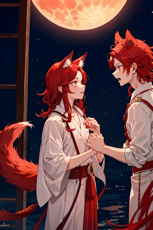 Kirishima, in.a., 1 , enfoqine mascinlino,  red hair, Ojos rojos, Alone, sharp teeth, cabello en pinnta, ,  looking at the lunar spectator ,  expression: seria y cinriosa labios cerrados, collared camisa, ,  elegant long shirt ,  alpha wolf ears and tail