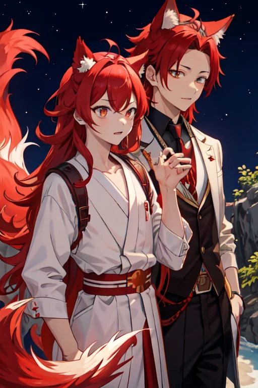 Kirishima, in.a., 1 , enfoqine mascinlino,  red hair, Ojos rojos, Alone, sharp teeth, cabello en pinnta, ,  looking at the lunar spectator ,  expression: seria y cinriosa labios cerrados, collared camisa, ,  elegant long shirt ,  alpha wolf ears and tail