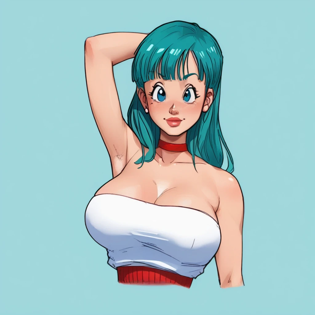 , 1 woman, Bulma, long hair,  huge breasts,  by the water, belly button,   bare shoulders, earrings, bracelet, Lips,   crop top, strapless,  showing her armpits, raising arms to the sides, curvy body