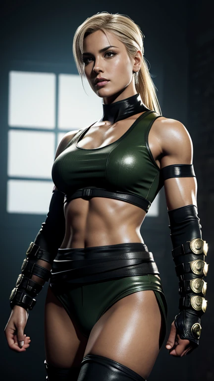 (fighting:1.8), (combat position), Full shot, full body visible, full body shot, head to toe. outfit. full outfit, image capturing entire body, hiperrealistic photograph, masterpiece, absurdres, award winning photo, realistic photograph of (very beautiful blonde white girl with slight Nordic features) wearing a original Sonya blade's costume of Mortal Combat saga (Makeup and Hairstyle: Sonya typically has blonde hair and can be enhanced with makeup to accentuate her facial features), background floor and ceiling of a stunning the mortal combat arena is a unique and eerie stage. It's set in a dark and sinister underground laboratory filled with failed experiments and corpses in liquid-filled tanks. In the background, you can see a grotesque and mutated creature confined in a cage. Dim lighting and disturbing sound effects contribute to the creepy atmosphere of this arena bank, with (((high walls and high ceilings))), intricate details, 8K, super detailed, HDR, Realistic Color
