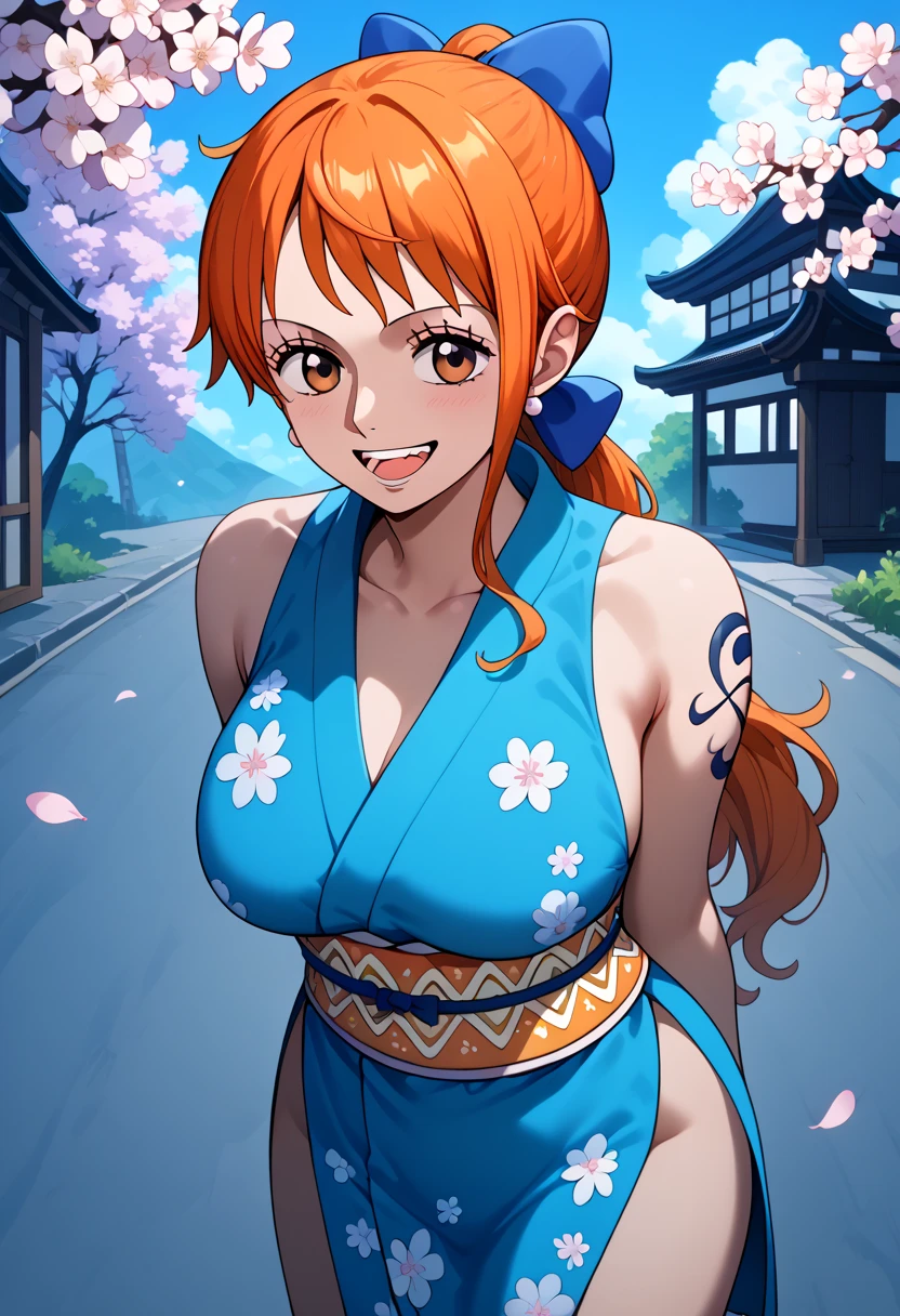 score_9, score_8_up, score_7_up, score_6_up, score_5_up, score_4_up, source_anime, aanami, long hair, orange hair, low ponytail, hair bow, earrings, brown eyes, shoulder tattoo, breasts, collarbone, bare shoulders, japanese clothes, short kimono, blue kimono, floral print, sleeveless, bracelet, sash, obi, arms behind back, leaning forward, standing, cowboy shot, smile, open mouth, happy, outdoors, cherry blossoms, road, big breast
