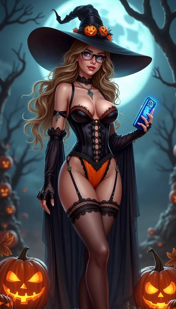 High quality design vector style image, t-shirt print style, graphic art white background of a Halloween style pamela anderson as witch, bright and realistic colors, old style witch with a pointy hat, nose with a wart and a black cat at her side, fantasy style scenery halloween