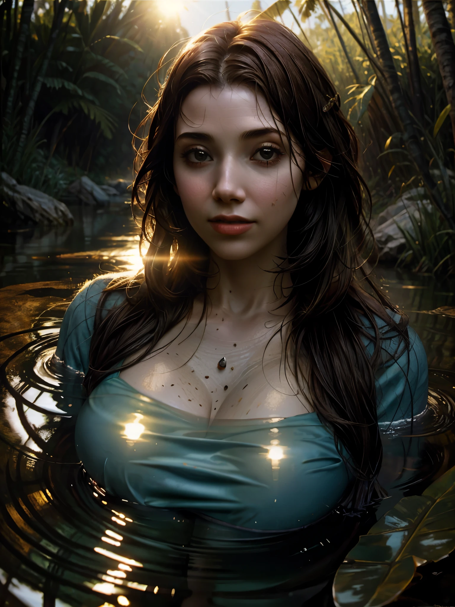 close up portrait of a cute woman bathing in a river, reeds, (backlighting), realistic, masterpiece, highest quality, lens flare, shade, bloom, [[chromatic aberration]], by Jeremy Lipking, by Antonio J. Manzanedo, digital painting,