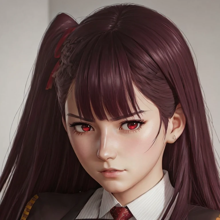      There is a woman with long hair who wears a suit and tie., colegiala hiperrealistic, a colegiala hiperrealistic, Chica anime joven realistic     ,      Anime-style realism    ,  estilo de arte anime realistic ,  estilo de arte de anime realistic , Estilo anime 3D realistic, portrait of an anime girl,       artwork in the style of Guweiz      , Detailed portrait of an anime girl,      incredible anime face portrait     .  model,     of Asian origin(  beautiful,elegant,sexy)  y Canadian  (  beautiful,sexy,linda) ,      just looking at the viewer   , (realistic:1.4), (:1.0), Ojos rojos,      Round pupils      (perfecta), eyelashes(perfecta),form (perfecta),form(better light),   beautiful eyes,  sexy eyes, pretty eyes,   squinting eyes ,shirt, jacket, red tie,   white skin   ,   white skin   pálida,  white skin (better light),(   burgundy hair color    ), Braid, (one side up:1.2), (      hair band    ), (blush, ashamed), (while getting angry),(Detailed, ultra-Detailed, high Detailed, ultra realistic 8k CG,      perfect artwork, lyrical), wooden table, flores, information,   no benefit , wa2000 (Girlfrontline),WA2k