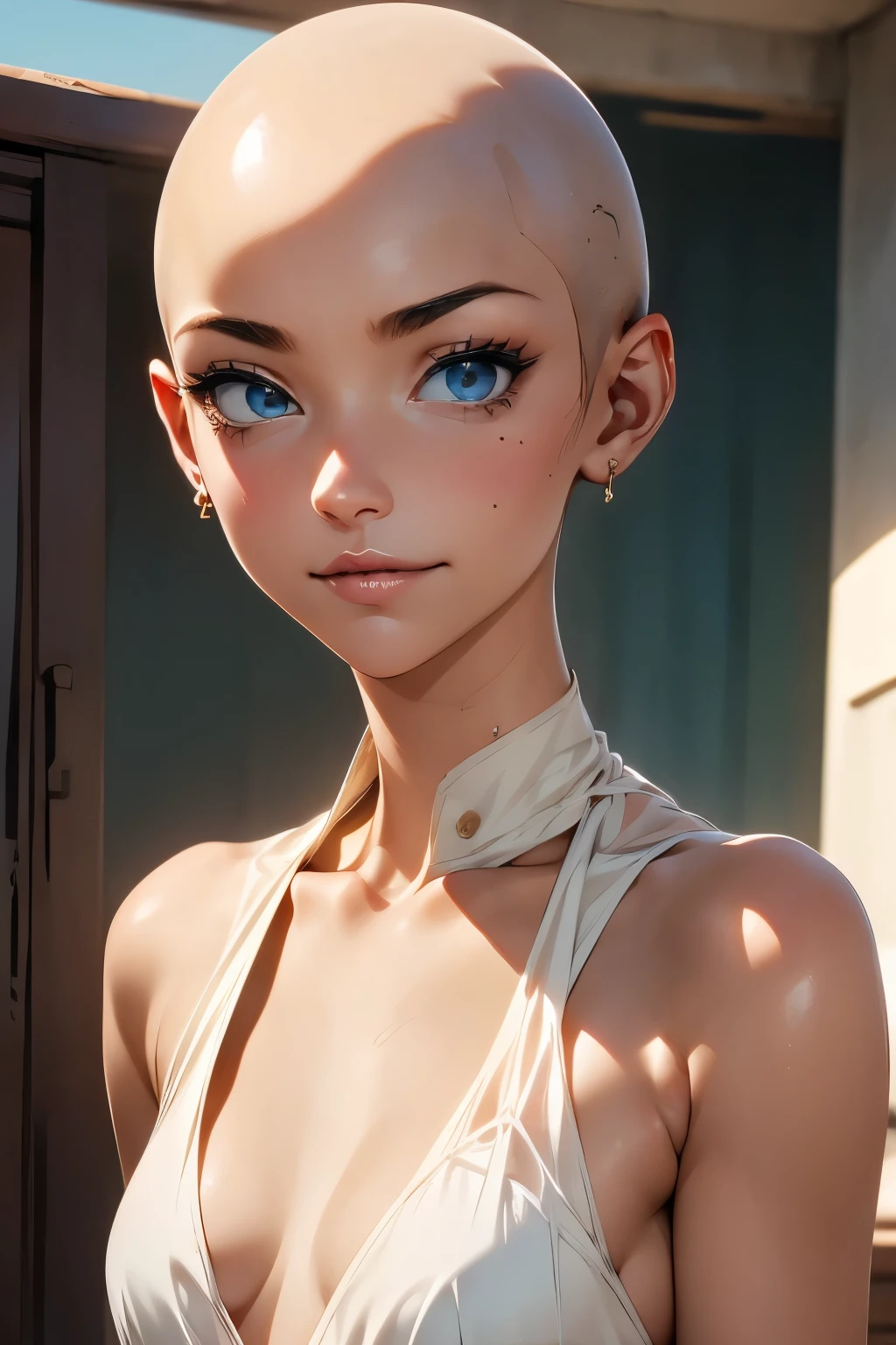 beautiful girl, ( bald ), (no hair), perfect face, innocent smile, stem,(cerulean eyes), (that), (small), (thin), ((peito achatado)), ((21 years old)), dentadura da pele, Extreme Detail, charming oval face, Red lips, rosa, shiny skin, detailed hair , facial focus, Chest close up, decorative gold collar, gold earrings, ((1 girl)), Embarrassed expression,