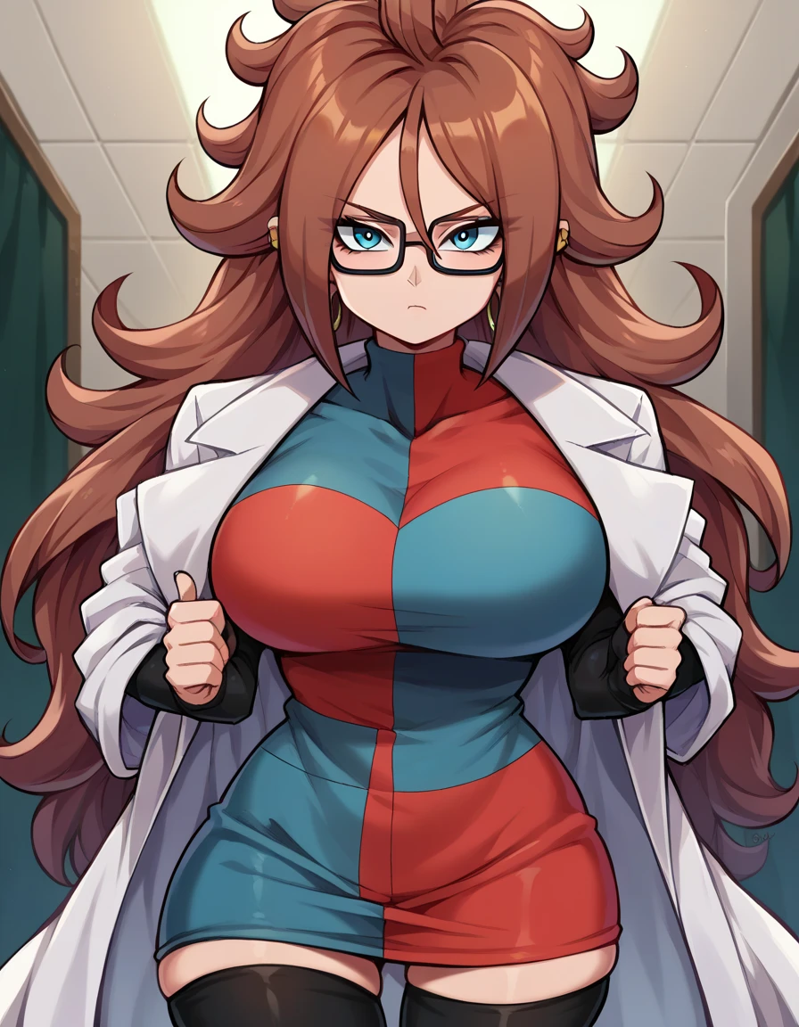 android21, android 21, blue eyes, brown hair, glasses, long hair, very long hair, black-framed eyewear, serious face, close mouth,
black sleeves, checkered clothes, checkered dress, detached sleeves, dress, lab coat, turtleneck,
indoors, Black stockings
looking at viewer, Big breasts, thick legs, wide hips, 