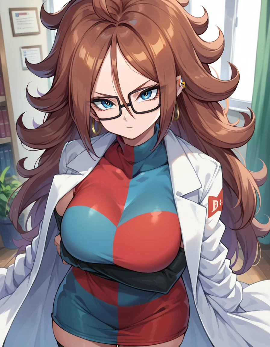 android21, android 21, blue eyes, brown hair, glasses, long hair, very long hair, black-framed eyewear, serious face, close mouth,
black sleeves, checkered clothes, checkered dress, detached sleeves, dress, lab coat, turtleneck,
indoors, Black stockings
looking at viewer, Big breasts, thick legs, wide hips, 