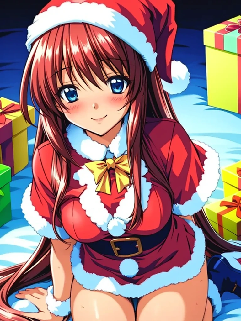 Anime illustration, Kanzaki_Aoi, Alone, One girl, Long Hair, Brown Hair, red hair ribbon, blue eyes, break, (santa costume, party), sitting, blush, smile,