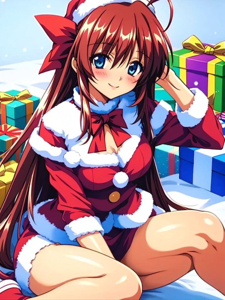 Anime illustration, Kanzaki_Aoi, Alone, One girl, Long Hair, Brown Hair, red hair ribbon, blue eyes, break, (santa costume, party), sitting, blush, smile,