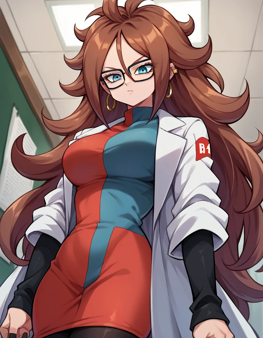 android21, android 21, blue eyes, brown hair, glasses, long hair, very long hair, black-framed eyewear, serious face, close mouth,
black sleeves, checkered clothes, checkered dress, detached sleeves, dress, lab coat, turtleneck,
indoors, Black stockings
looking at viewer, Big breasts, thick legs, wide hips, below view 