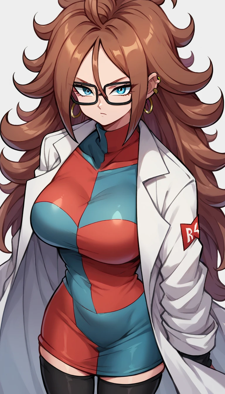 android21, android 21, blue eyes, brown hair, glasses, long hair, very long hair, black-framed eyewear, serious face, close mouth,
black sleeves, checkered clothes, checkered dress, detached sleeves, dress, lab coat, turtleneck,
indoors, Black stockings
looking at viewer, Big breasts, thick legs, wide hips, 