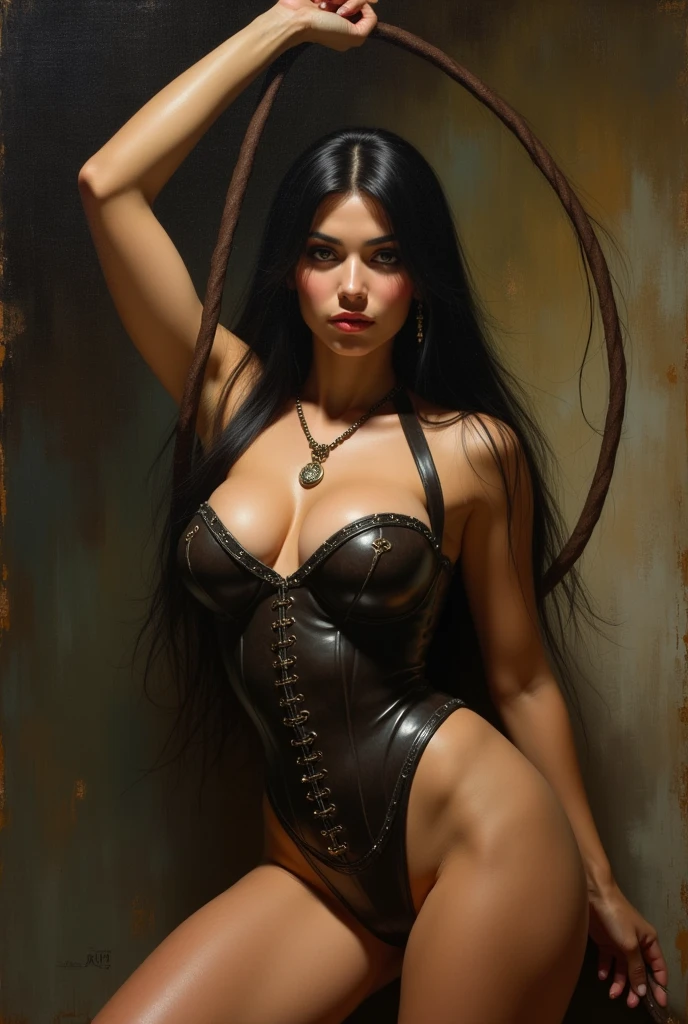 Frank Frazetta fantasy dark fantasy oil painting of a beautiful voluptuous 60yo Middle Eastern Iranian woman, she has light brown skin, enormous natural long heavy breasts, tiny flat stomach, impossible waist, wide hips, venus body shape, and flowing straight black hair. She holds high a long leather whip. Sexy leather corset. 