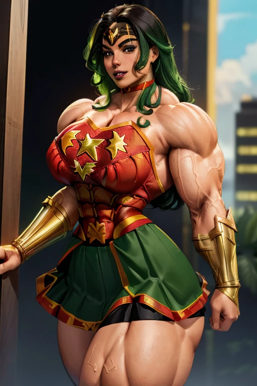 (1girll), huge ???, ???????, Conque, Moisturizes skin,(Green skin) ,trpical garden , Roman costumes, teens girl,realistic illumination，top Quority，8K，tmasterpiece,Muscular female,Muscular,Abs