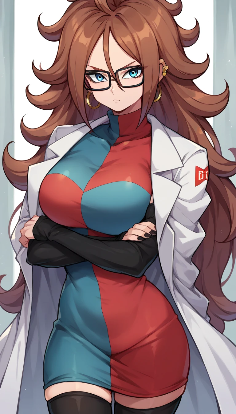 android21, android 21, blue eyes, brown hair, glasses, long hair, very long hair, black-framed eyewear, serious face, close mouth,
black sleeves, checkered clothes, checkered dress, detached sleeves, dress, lab coat, turtleneck,
indoors, Black stockings
looking at viewer, Big breasts, thick legs, wide hips, 