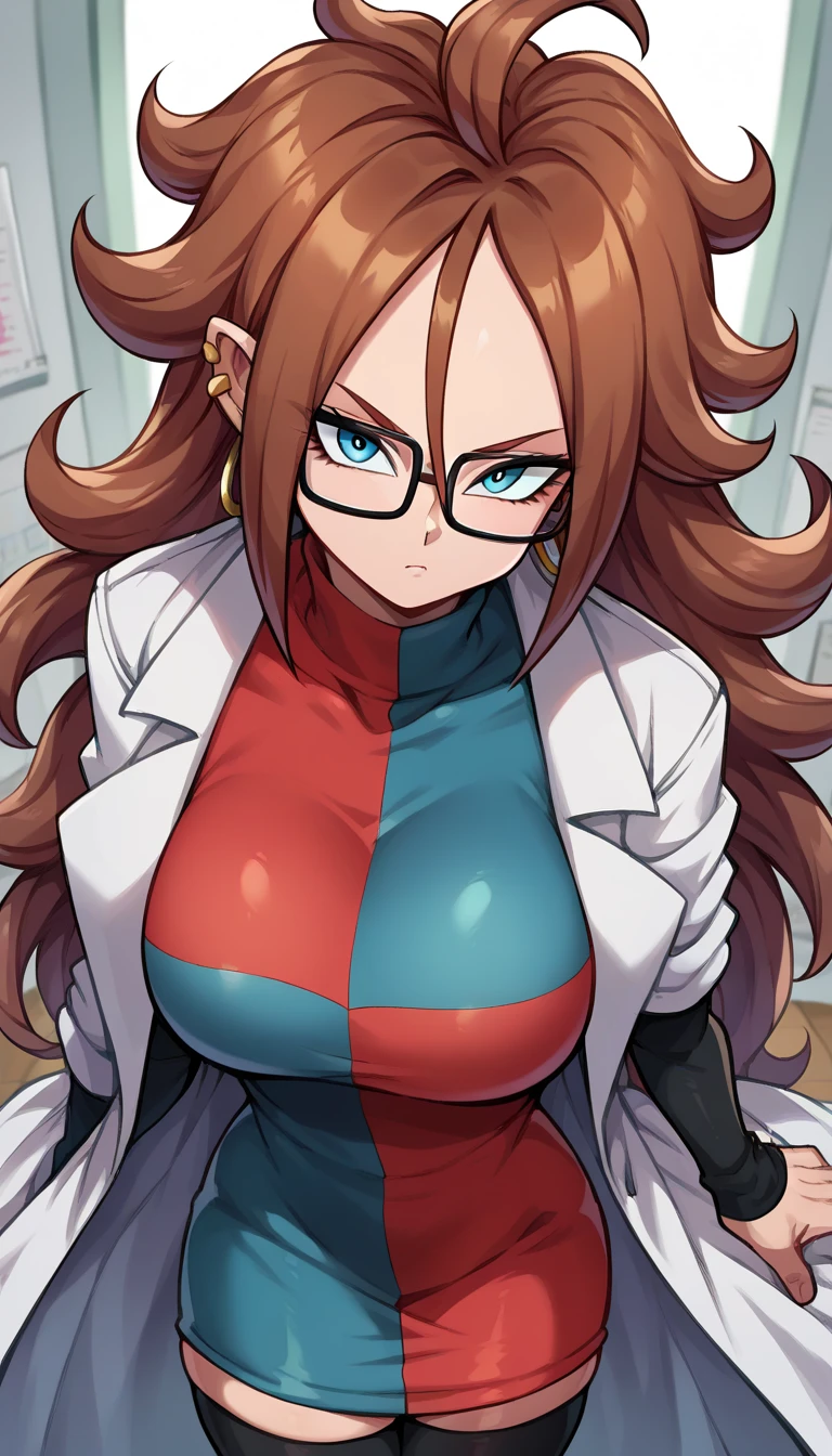 android21, android 21, blue eyes, brown hair, glasses, long hair, very long hair, black-framed eyewear, serious face, close mouth,
black sleeves, checkered clothes, checkered dress, detached sleeves, dress, lab coat, turtleneck,
indoors, Black stockings
looking at viewer, Big breasts, thick legs, wide hips, 