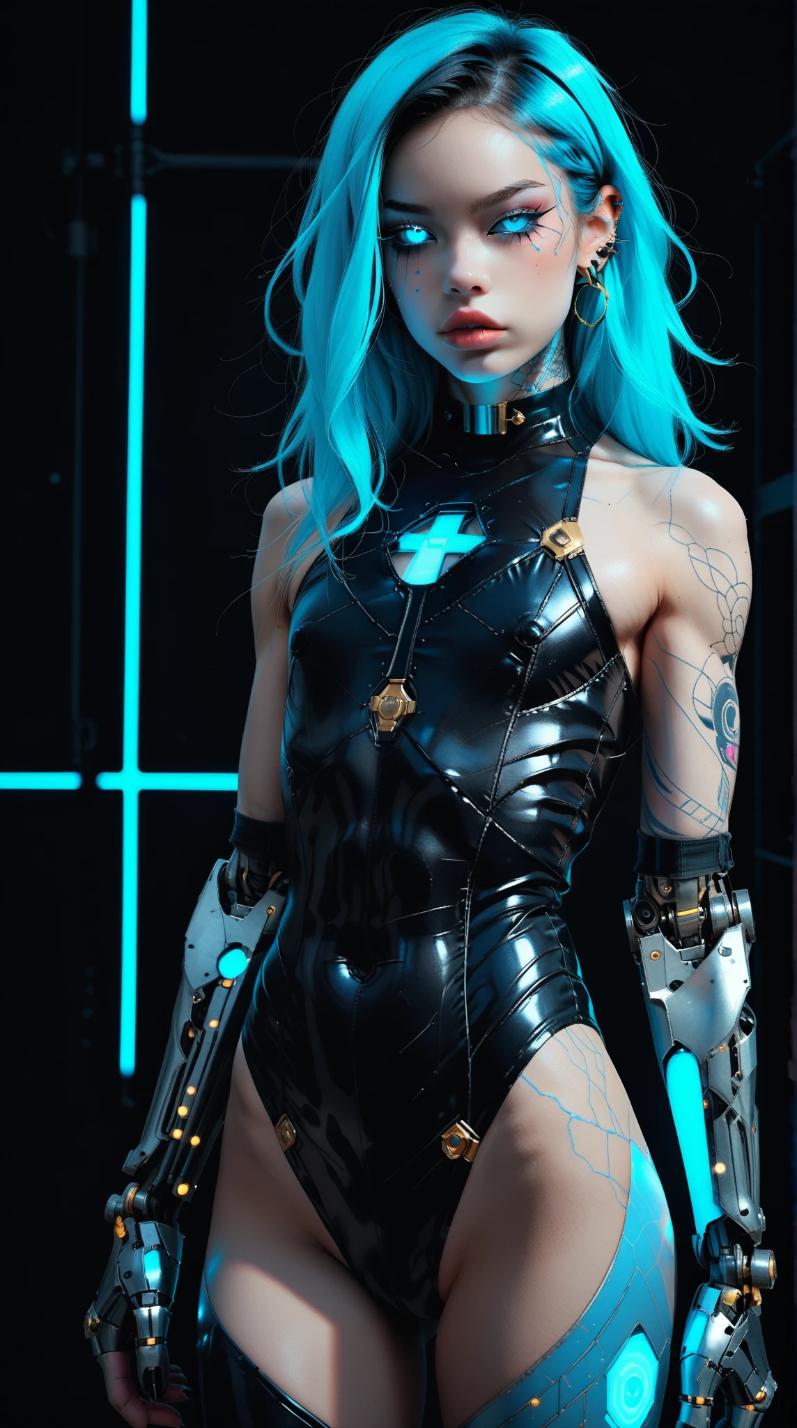 Cyberpunk woman posing for a photoshoot, bizarre fashion, sexy bodysuit, sexy fashion, perfect butt, seen from behind, punk fashion, latex leotard, thong leotard, sensual pose, cyberpunk style, showing her booty, perfect ass.