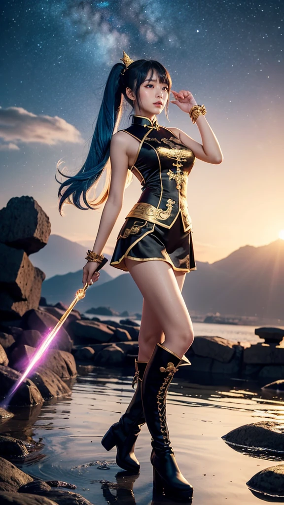 ganyu\(genshin impact\), 1girl, ahoge, architecture, bangs,  shoulders, bell, black gloves, black tights, ((blue hair)), blush, , chinese knot, sleeve, East Asian architecture, flower knot, gloves, horn, long hair, looking at the audience, mid-chest, neckbell, night, outdoor, pantyhose, purple eyes, sideburns, solo, tassels, white sleeves, ((masterpiece))